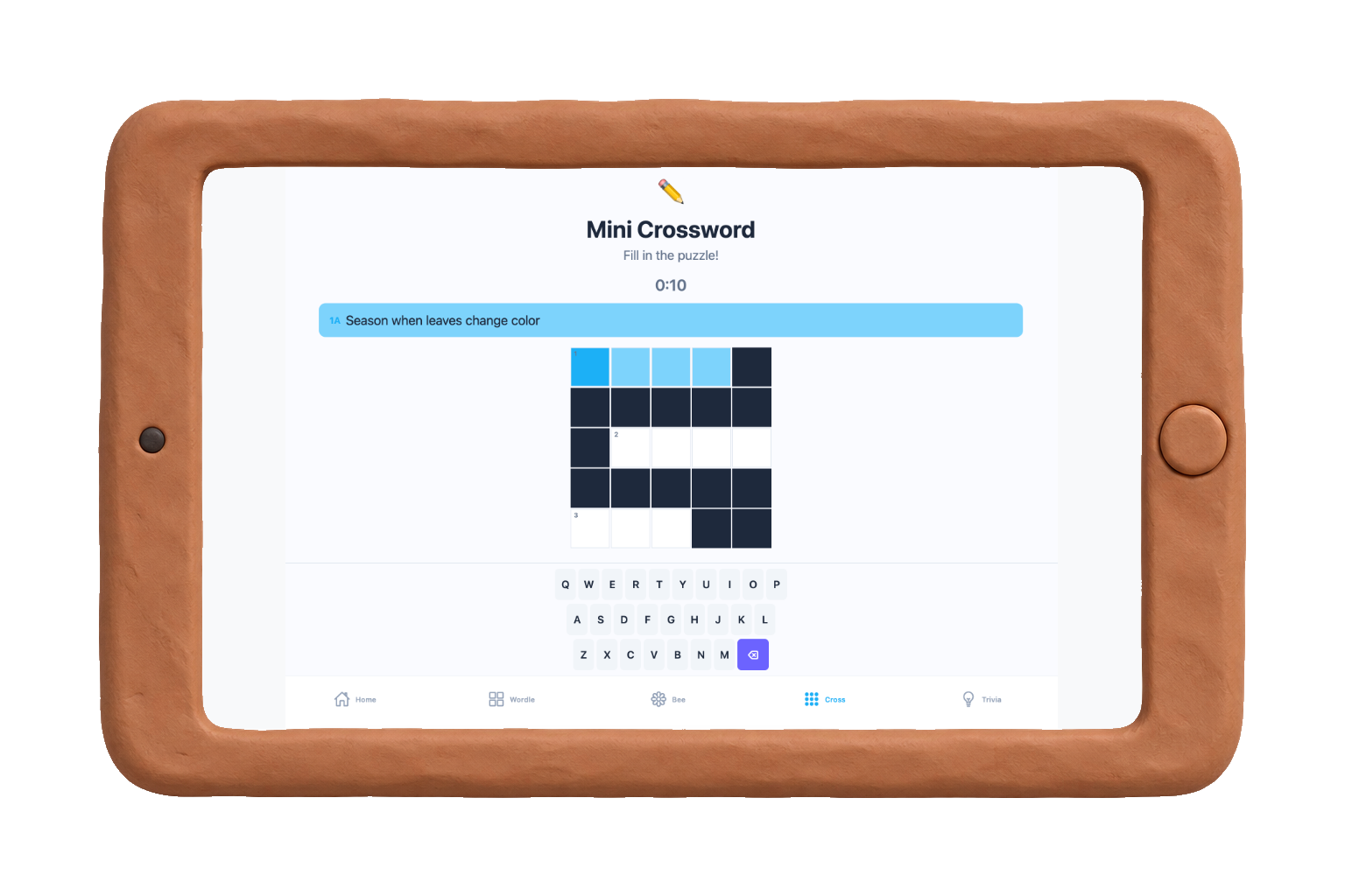 Mini Crossword on a clay tablet, with the clue "Season when leaves change color," a crossword grid, and an on-screen keyboard.