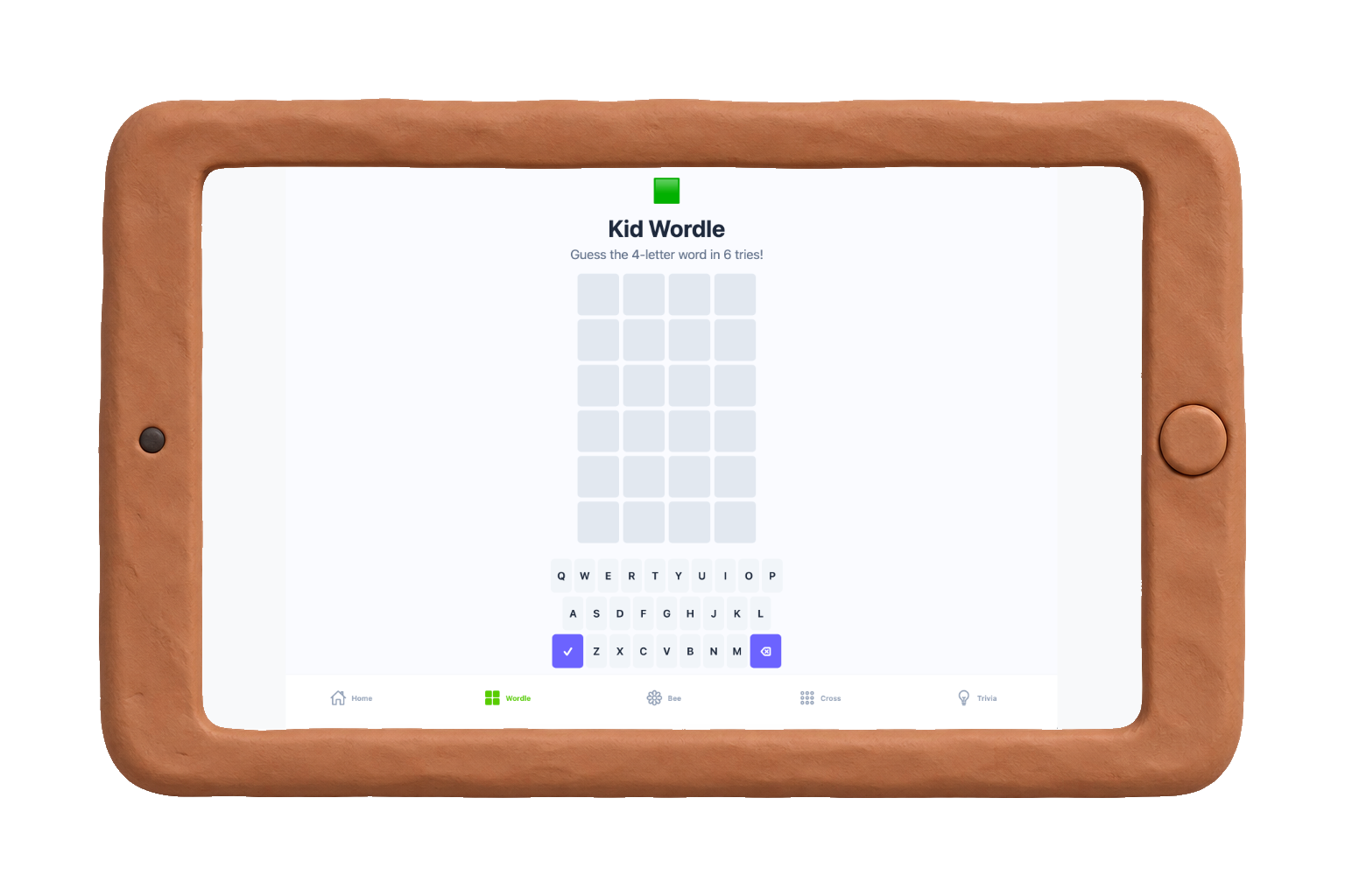 Kid Wordle on a clay tablet, with a letter-guessing grid, an on-screen keyboard, and game navigation.