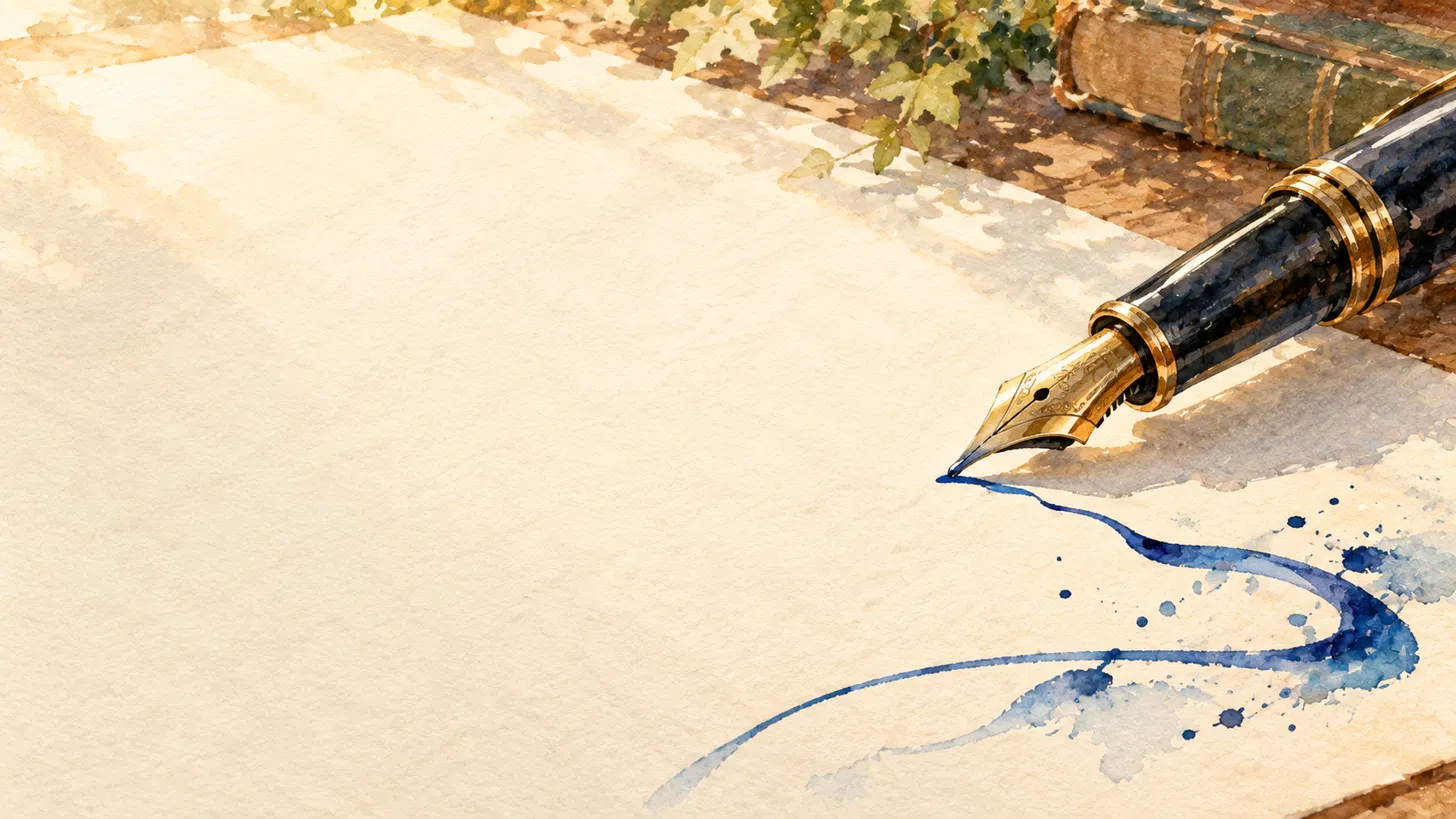 Watercolor of his fountain pen resting on cream writing paper